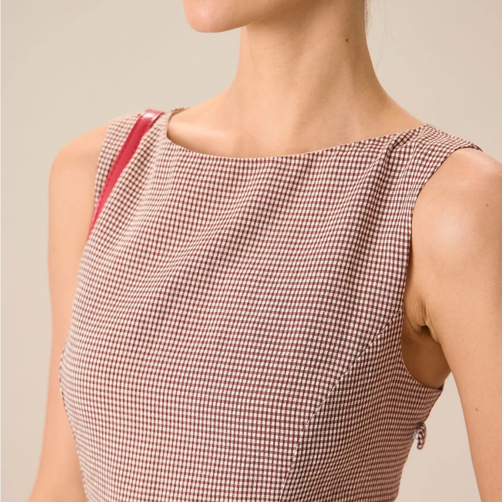 Rihoas Women's Boat Neck Brown Plaid Mini Dress - Picture 2 of 8